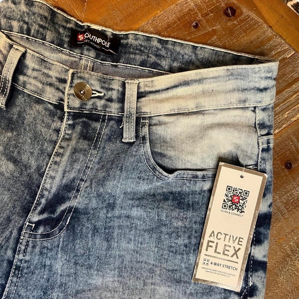 NWT SouthPole Jeans Mens 32x32 Blue Stacked Skinny Stonewash Denim Biker - Picture 3 of 7